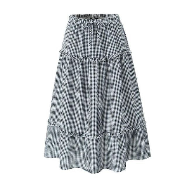 W&W Mode | Gestuftes Gingham-Midirock mit Rüschendetail
