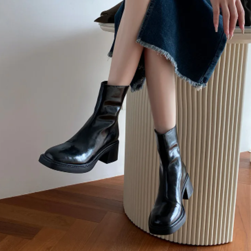 Damen-Leder-Ankle-Boots mit Blockabsatz