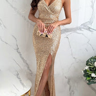 WW | Rosiedress Spaghetti-Träger V-Ausschnitt Hoher Schlitz Pailletten Maxi Festkleid