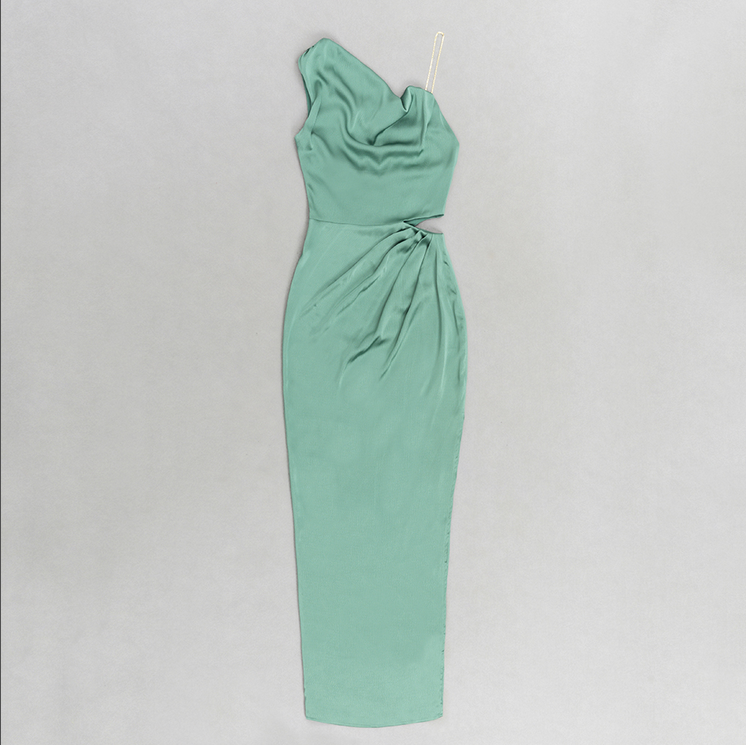 Asymmetrisches, figurbetontes Maxikleid mit hohem Schlitz | Grün