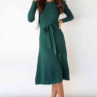 WW | Rundhalsausschnitt Langarm Knoten Taille Pullover Kleid