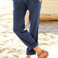 Damen bequeme Leinenhose mit elastischem Bund und seitlichen Taschen WW