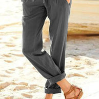 Damen bequeme Leinenhose mit elastischem Bund und seitlichen Taschen WW