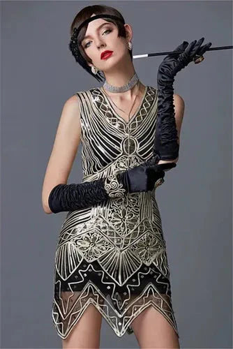 WW | 1920Er Frauen Perlenstickerei Dreieck Rock Kleid Ohne Ärmel Goldenes Garn Stickerei Fransen Gatsby Festkleid