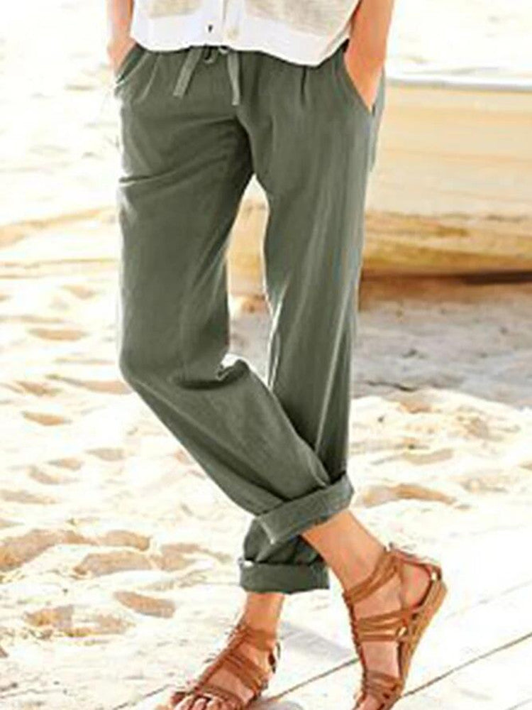 Damen bequeme Leinenhose mit elastischem Bund und seitlichen Taschen WW