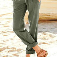 Damen bequeme Leinenhose mit elastischem Bund und seitlichen Taschen WW
