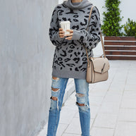 WW Lockere Leopardenmuster Umlegekragen Pullover