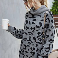 WW Lockere Leopardenmuster Umlegekragen Pullover