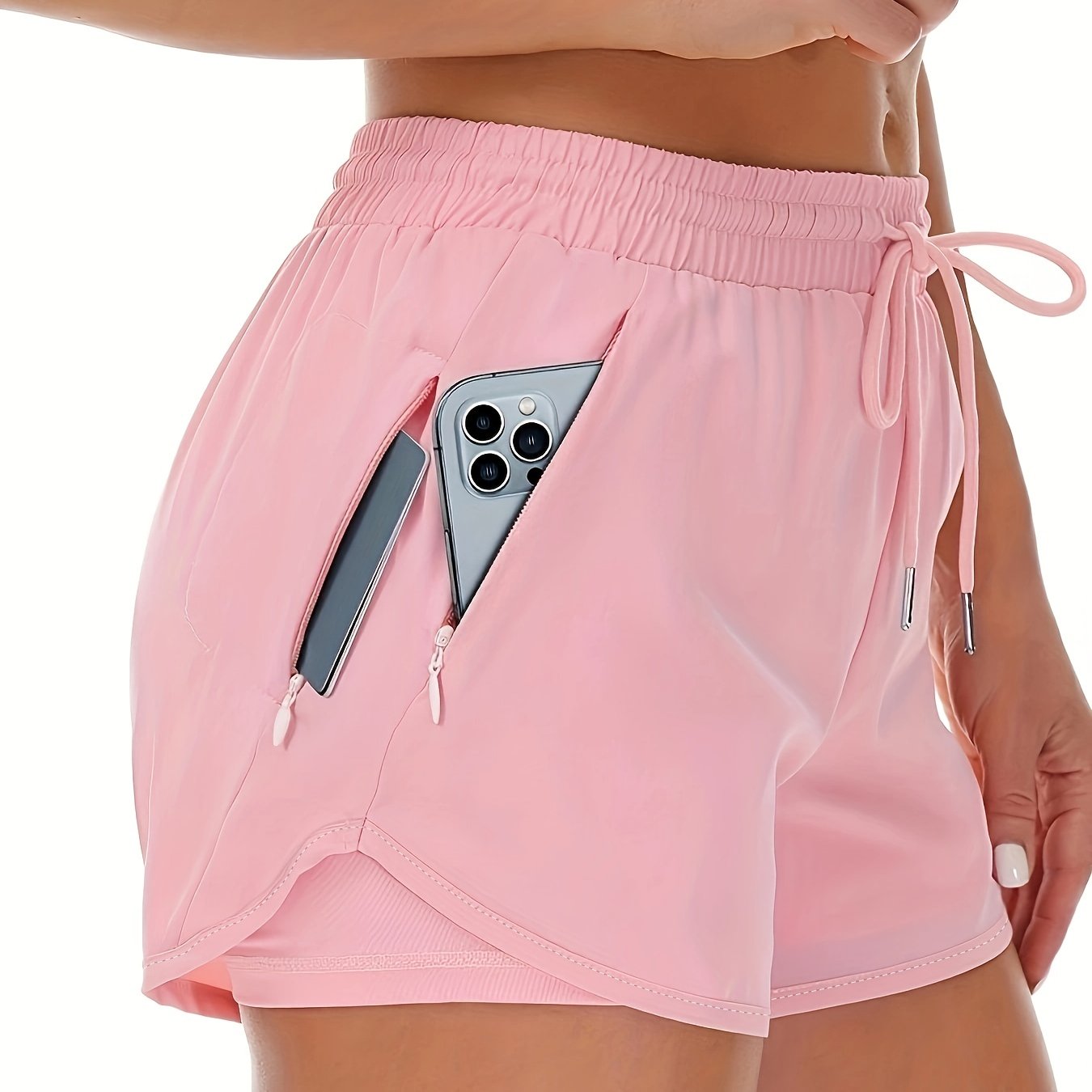 WW | Sportliche 2 in 1 Lauf Fitnessshorts in Einfarbig Mit Mehreren Taschen