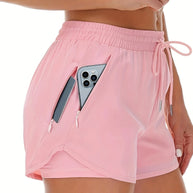 WW | Sportliche 2 in 1 Lauf Fitnessshorts in Einfarbig Mit Mehreren Taschen