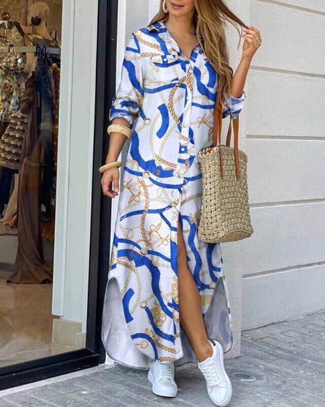 Femme Chic Button-Up Maxikleid mit elegantem Kettenprint WW