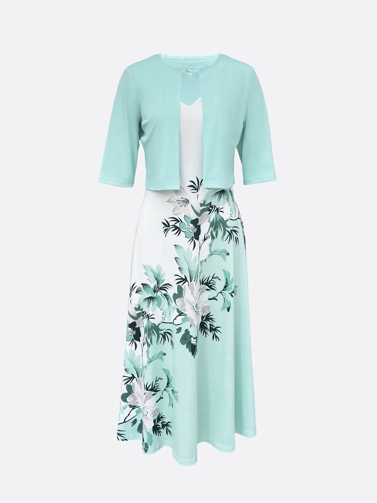 WW Kleid | Elegantes turquoise langes Blazer/Kleid-Set mit Blumenmuster