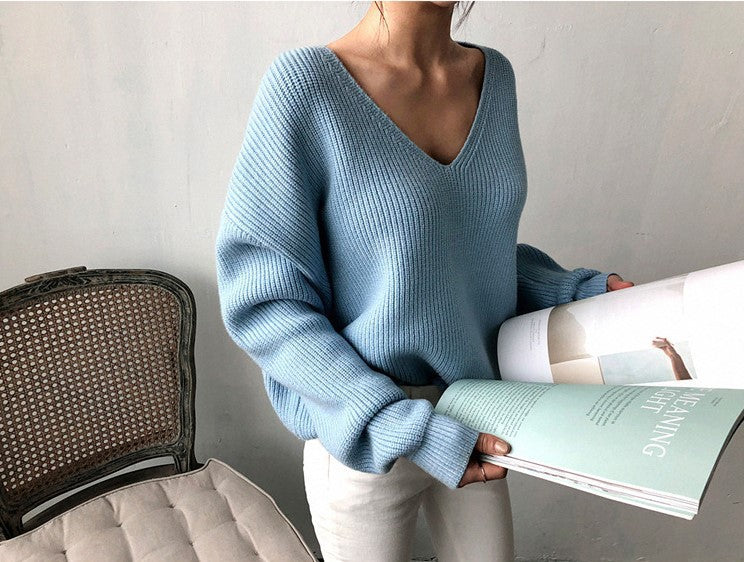 Damen Strickpullover mit tiefem V-Ausschnitt und luftiger Passform WW