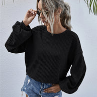 WW Rundhals Lanternärmel Lässiges Gestricktes Oberteil