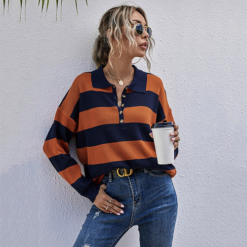Damen gestreifter Poloshirt-Pullover mit Knopfdetail und lässigem Schnitt W&W Mode