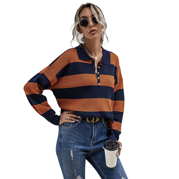 Damen gestreifter Poloshirt-Pullover mit Knopfdetail und lässigem Schnitt W&W Mode