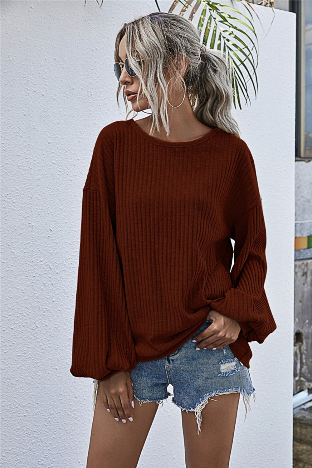 WW Rundhals Lanternärmel Lässiges Gestricktes Oberteil