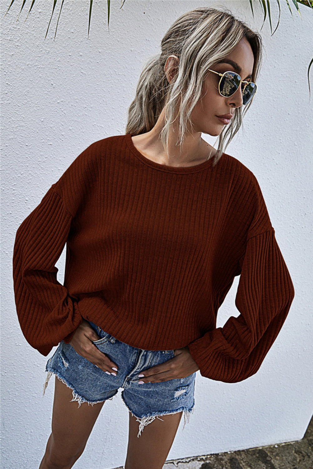 WW Rundhals Lanternärmel Lässiges Gestricktes Oberteil