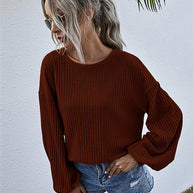 WW Rundhals Lanternärmel Lässiges Gestricktes Oberteil