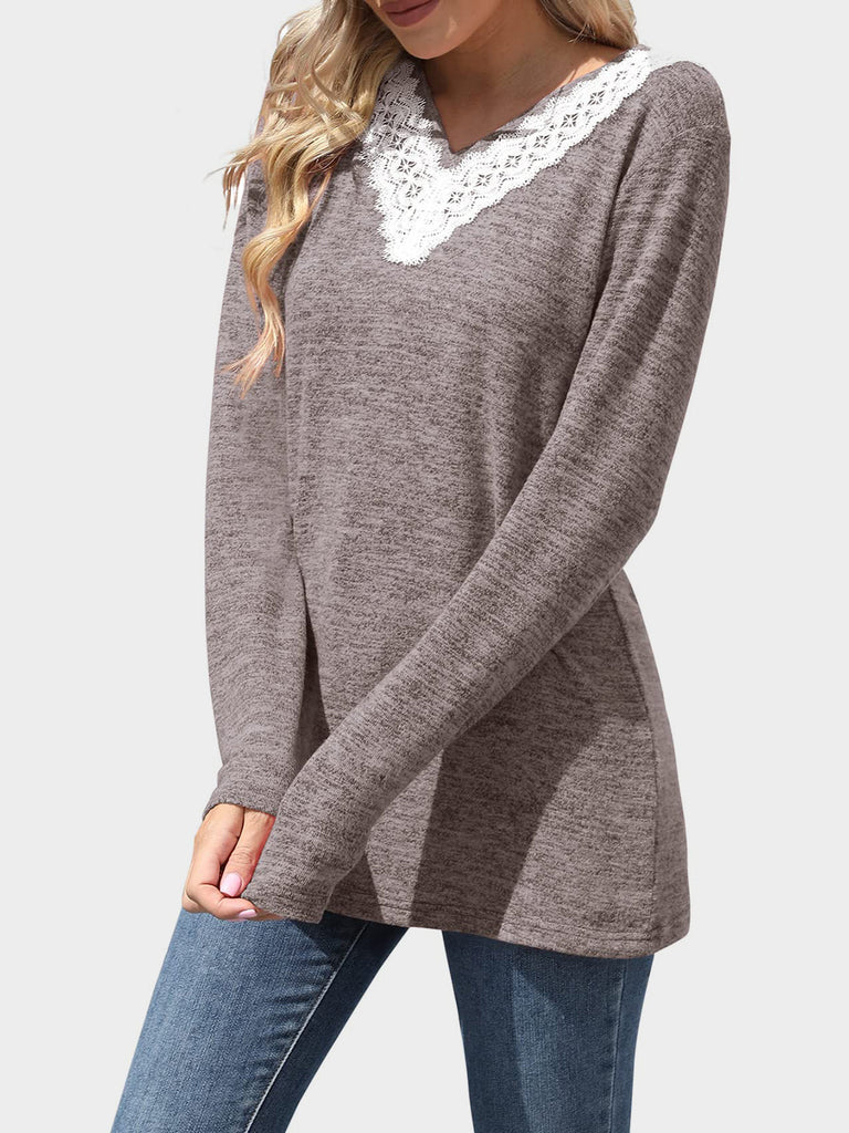 WW | Spitzen-Detail V-Ausschnitt Langarm-T-Shirt