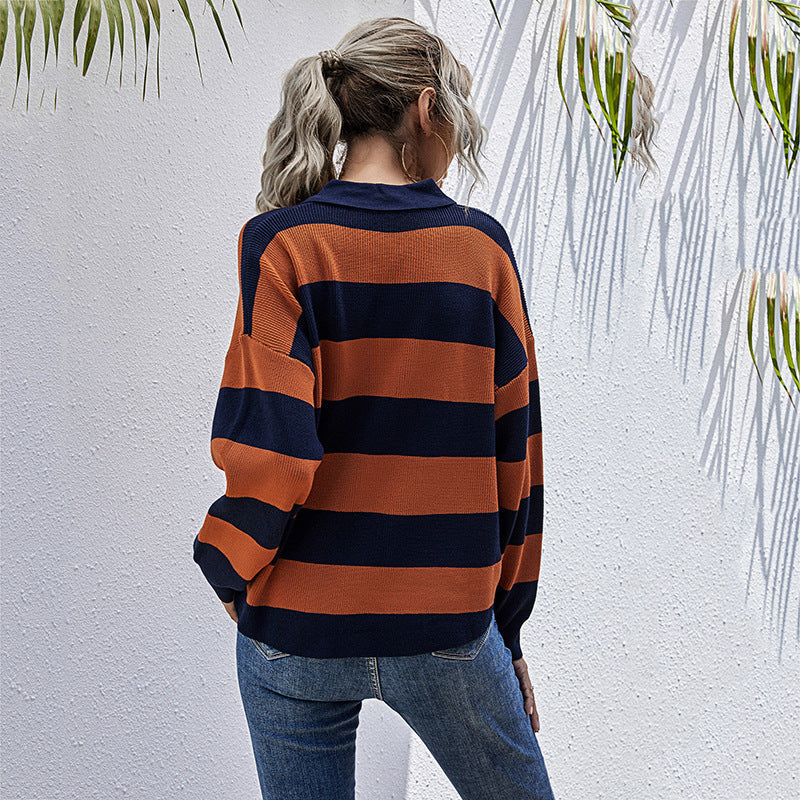 Damen gestreifter Poloshirt-Pullover mit Knopfdetail und lässigem Schnitt W&W Mode