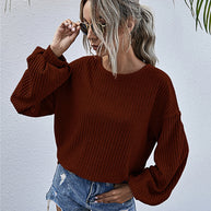 WW Rundhals Lanternärmel Lässiges Gestricktes Oberteil