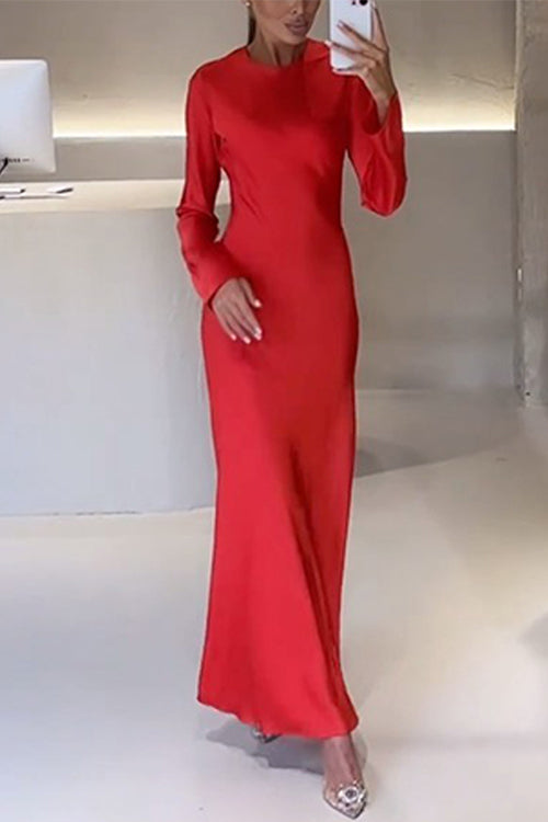WW | Rosiedress Rundhals Lange Ärmel Satin Maxi Partykleid