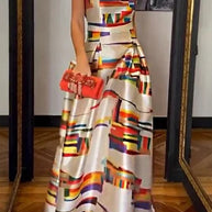 WW | Rosiedress Offene Rücken Ärmellose Bedruckte Maxi Swing Kleid
