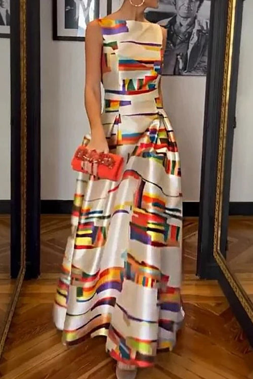 WW | Rosiedress Offene Rücken Ärmellose Bedruckte Maxi Swing Kleid