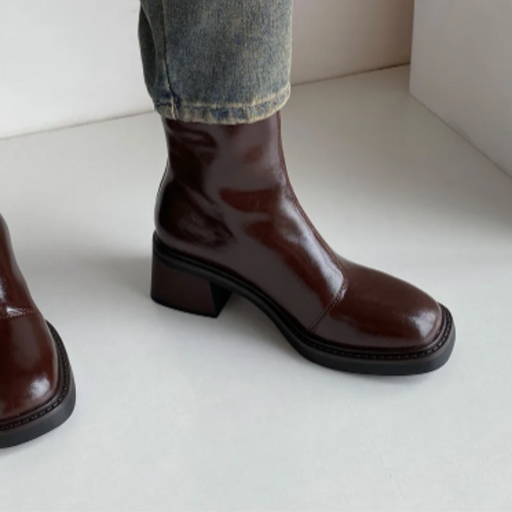 Damen-Leder-Ankle-Boots mit Blockabsatz