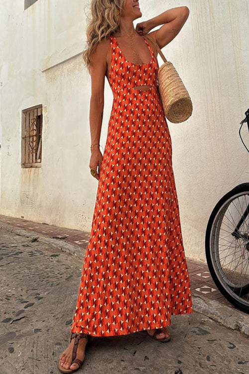 W&W Mode | Scoop Neck Rückenfreies Geometrisches Print Maxi Cami Kleid