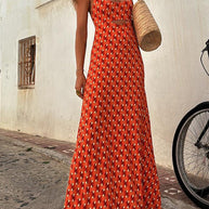 WW | Scoop Neck Rückenfreies Geometrisches Print Maxi Cami Kleid