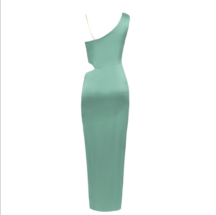 Asymmetrisches, figurbetontes Maxikleid mit hohem Schlitz | Grün