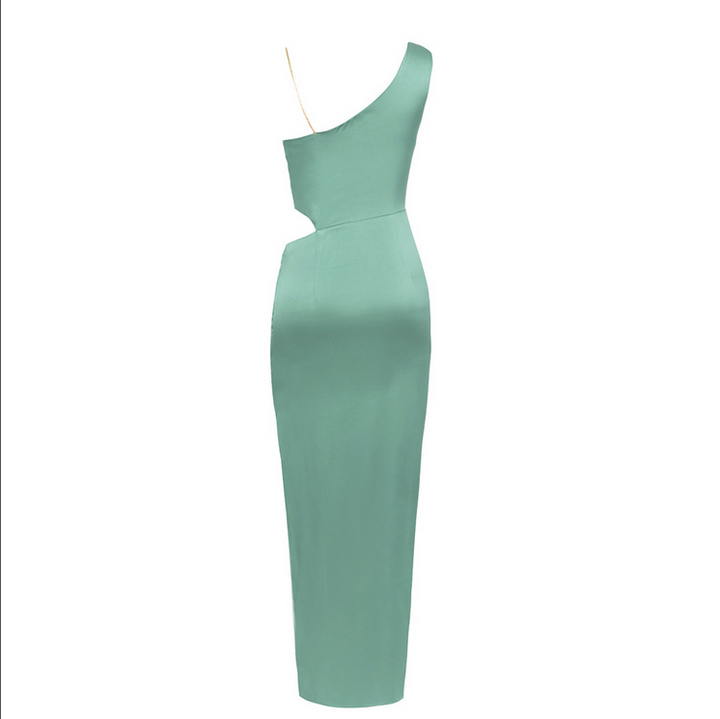 Asymmetrisches, figurbetontes Maxikleid mit hohem Schlitz | Grün
