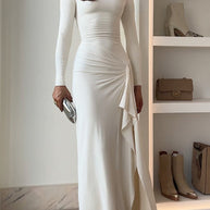 WW | Lange Ärmel Drapiertes Schlitz Maxi Party Kleid