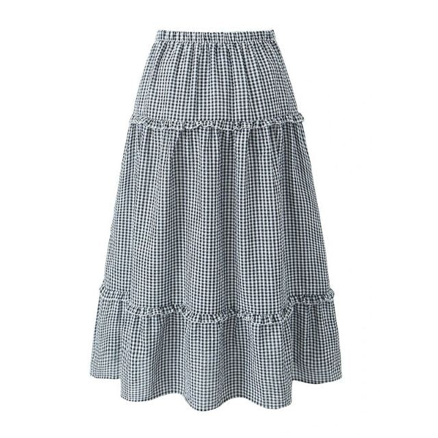 WW | Gestuftes Gingham-Midirock mit Rüschendetail