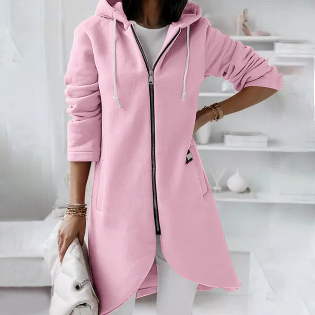 WW | Langer Bequemer Kapuzenpulli Mit Reißverschluss Für Damen