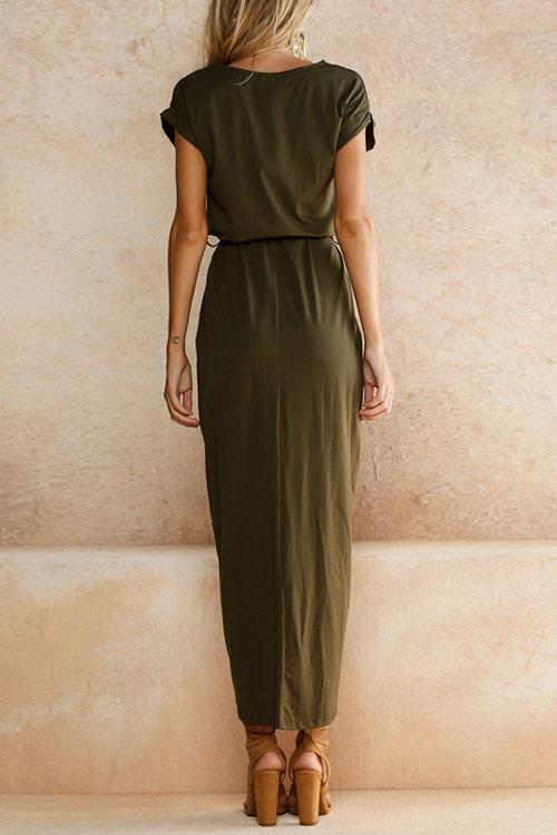 WW | Rosiedress Kurzarm Tie Waist Schlitz Midi Kleid