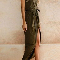WW | Rosiedress Kurzarm Tie Waist Schlitz Midi Kleid