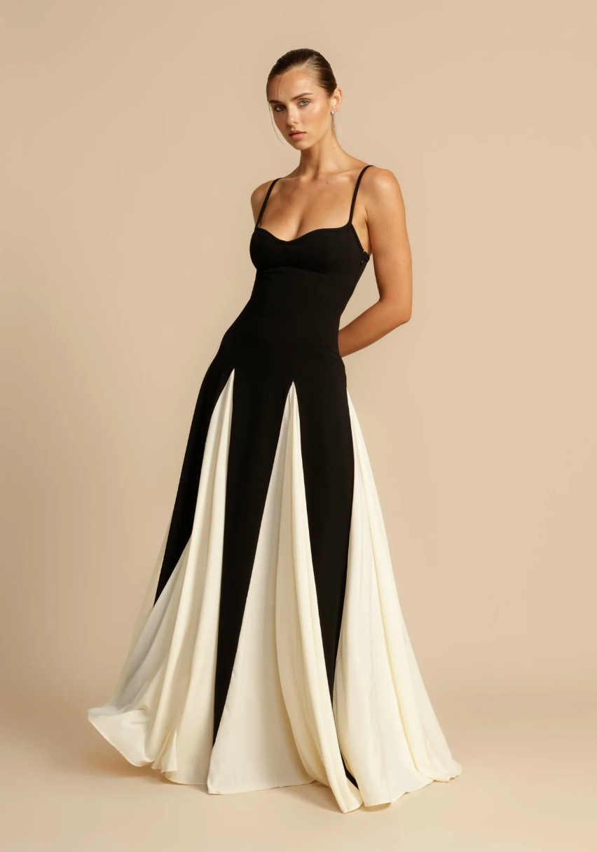 WW | Elegantes zweifarbiges Spaghettiträger-Maxikleid für Damen