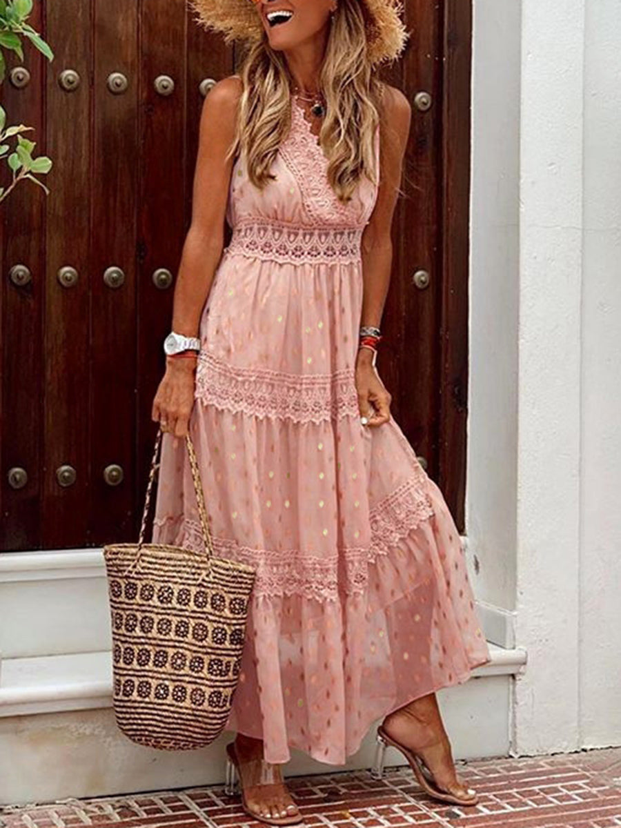 W&W Mode | V-Ausschnitt Chiffon Rückenfreie Boho Lange Maxi Kleider