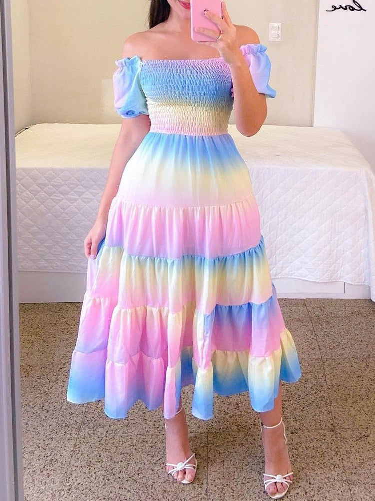 WW | Mode Kurzärmelig Bedruckt Ausgestelltes Midi Kleid