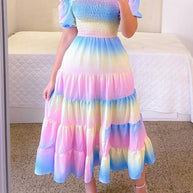 WW | Mode Kurzärmelig Bedruckt Ausgestelltes Midi Kleid
