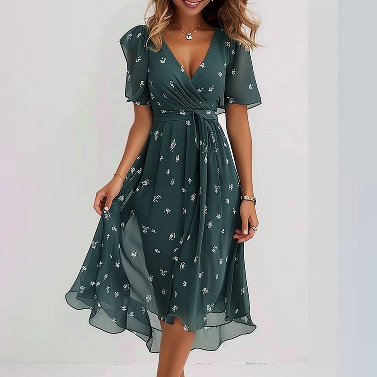 WW | Knielange Groovy Kleid In Grün mit Kurzen Ärmeln
