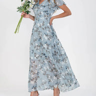 WW - Florales Maxikleid Damen | Chiffonstoff luftiges Sommerkleid | Maxikleid mit fließendem Rock