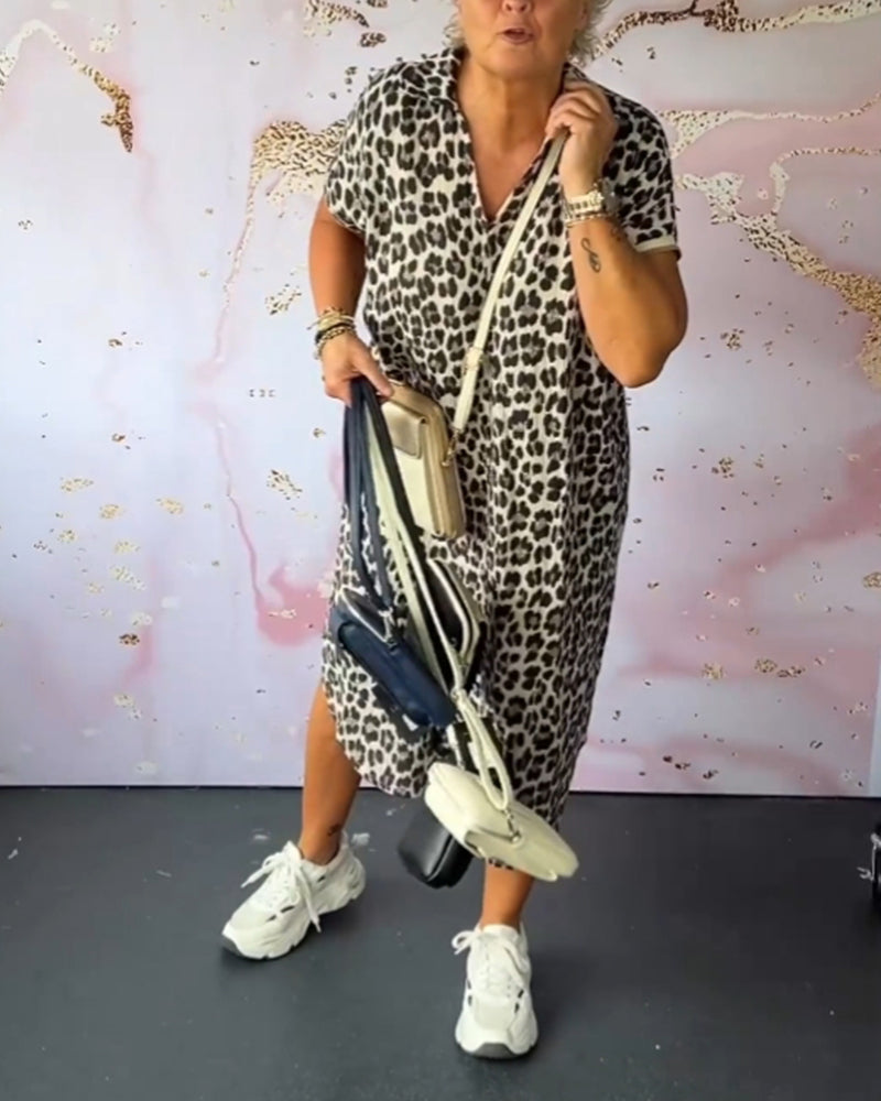 WW | Kurzärmliges Kleid mit Leopardenmuster und V-Ausschnitt