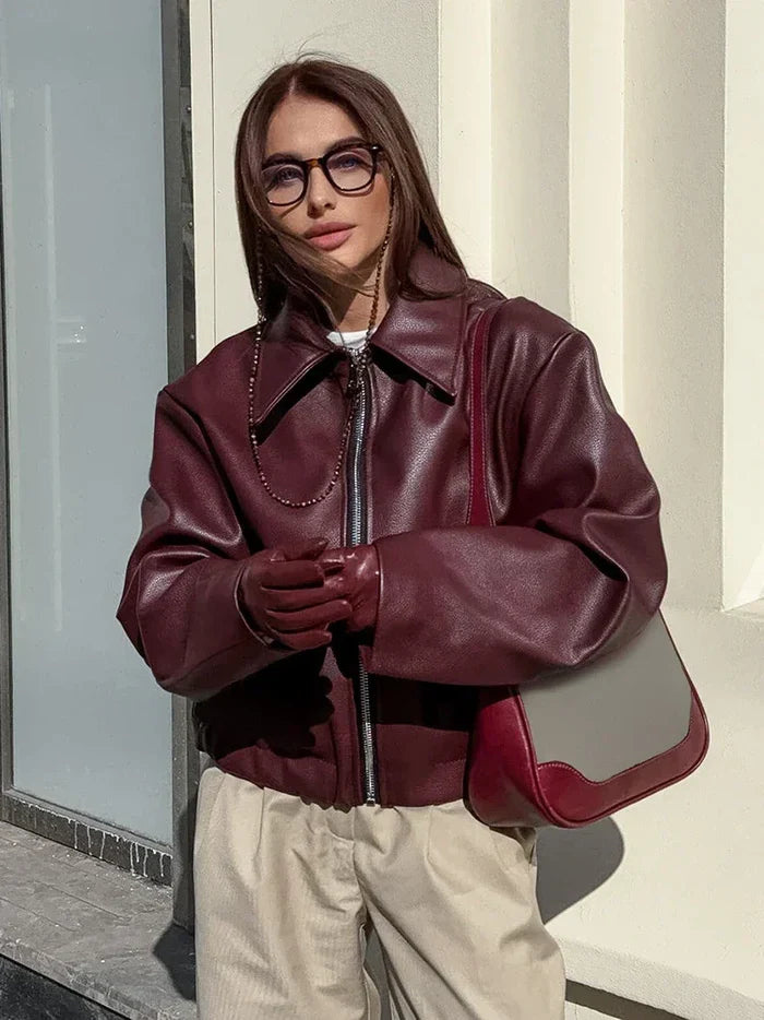 WW | Damen Rote Lederjacke Weinlese Lederjacke Mit Reißverschluss Für Frauen