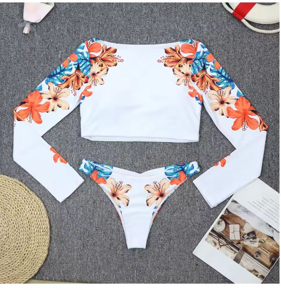 WW | Blooms Bedrucktes Langarm Crop Rash Guard Bikini Satz