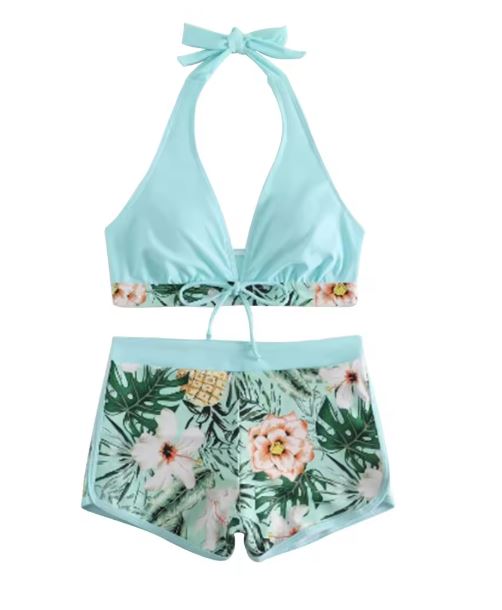 Damen Sportliches Bikini-Set mit geflochtenem Oberteil und gemusterter Shorts WW