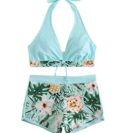 Damen Sportliches Bikini-Set mit geflochtenem Oberteil und gemusterter Shorts WW